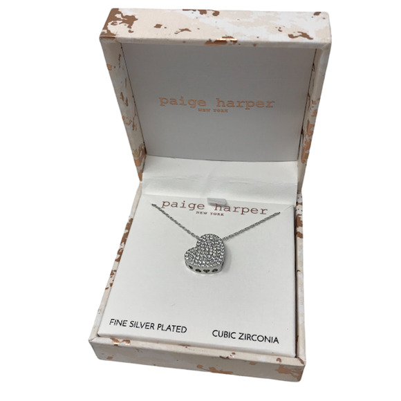Paige Harper Necklace Cubic Zirconia Heart Pendant Fine Silver Plated NIB - Picture 1 of 3